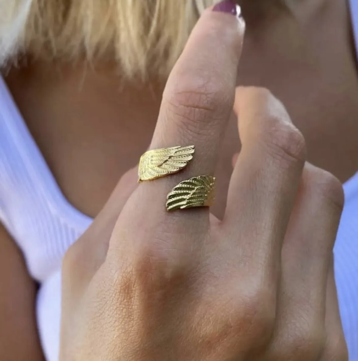 Gold Angel Wings Adjusable Ring - Image 2